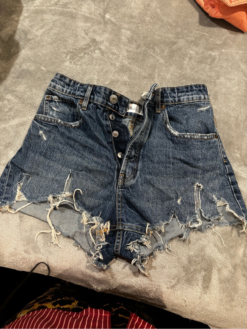 Zara Distressed Button-Fly Denim Shorts - Blue
